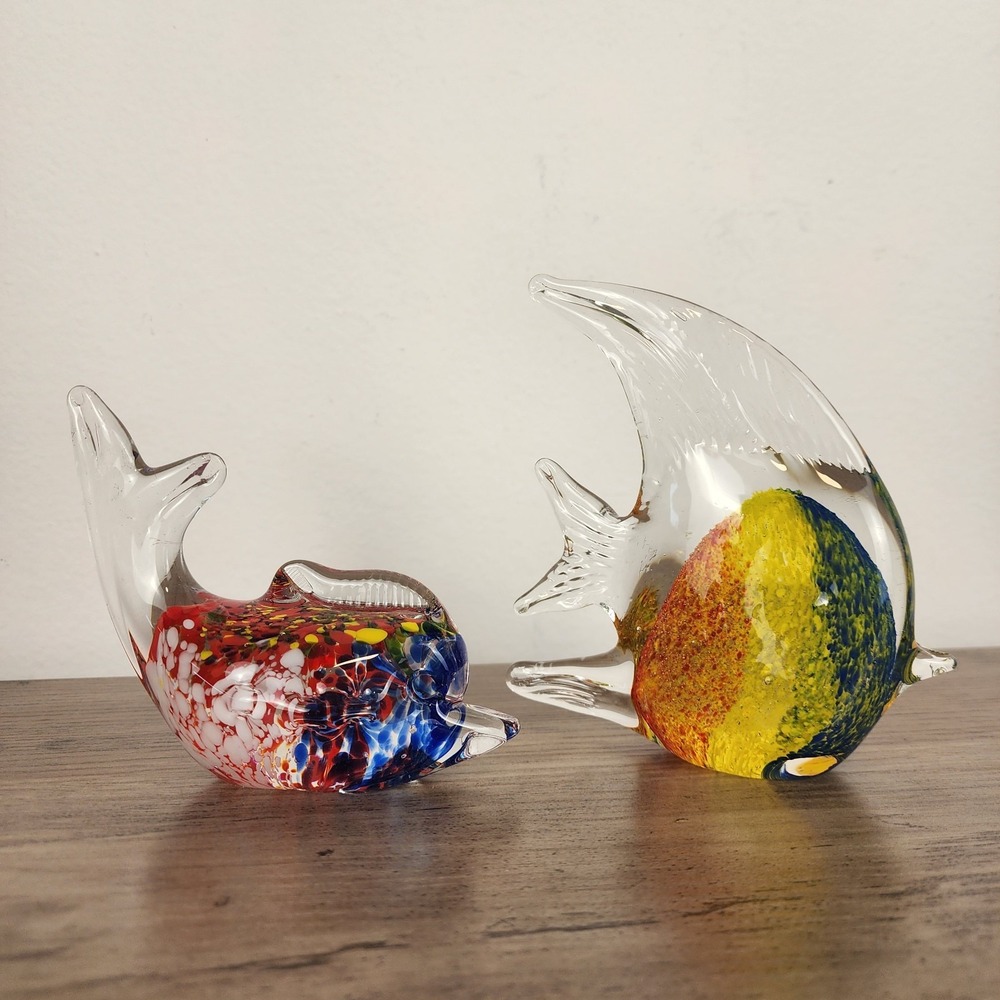 Paperweight Fish Glass Colorful Handblown Set of Two